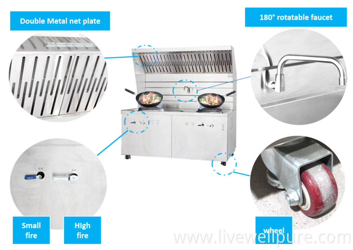 Mobile kitchen commercial range hood with cooktop and ESP electrostatic collector fume purifier
